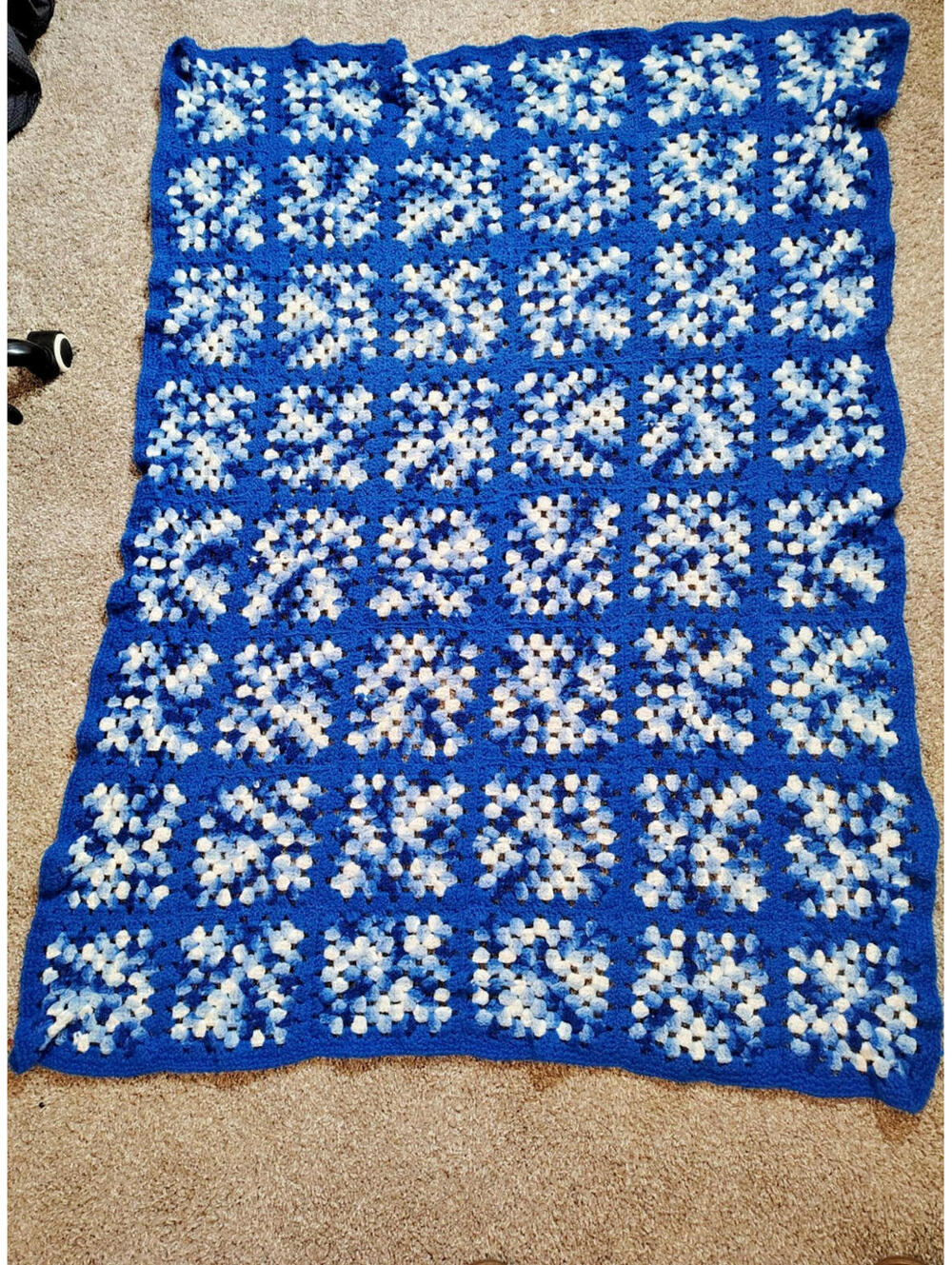 VTG Granny Crochet Knit Square Blue White hand made blanket 52x40 Afgahn Cozy